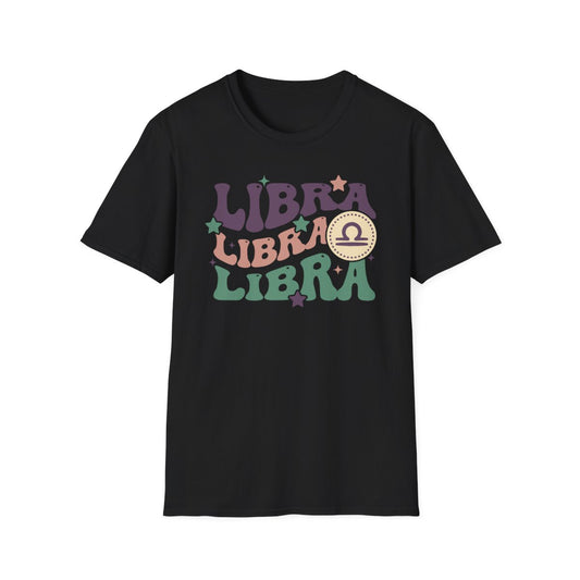 light blue t-shirt with retro libra zodiac graphic design