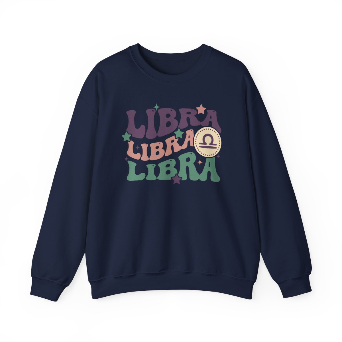white sweatshirt displaying retro libra design with soft pastel zodiac elements