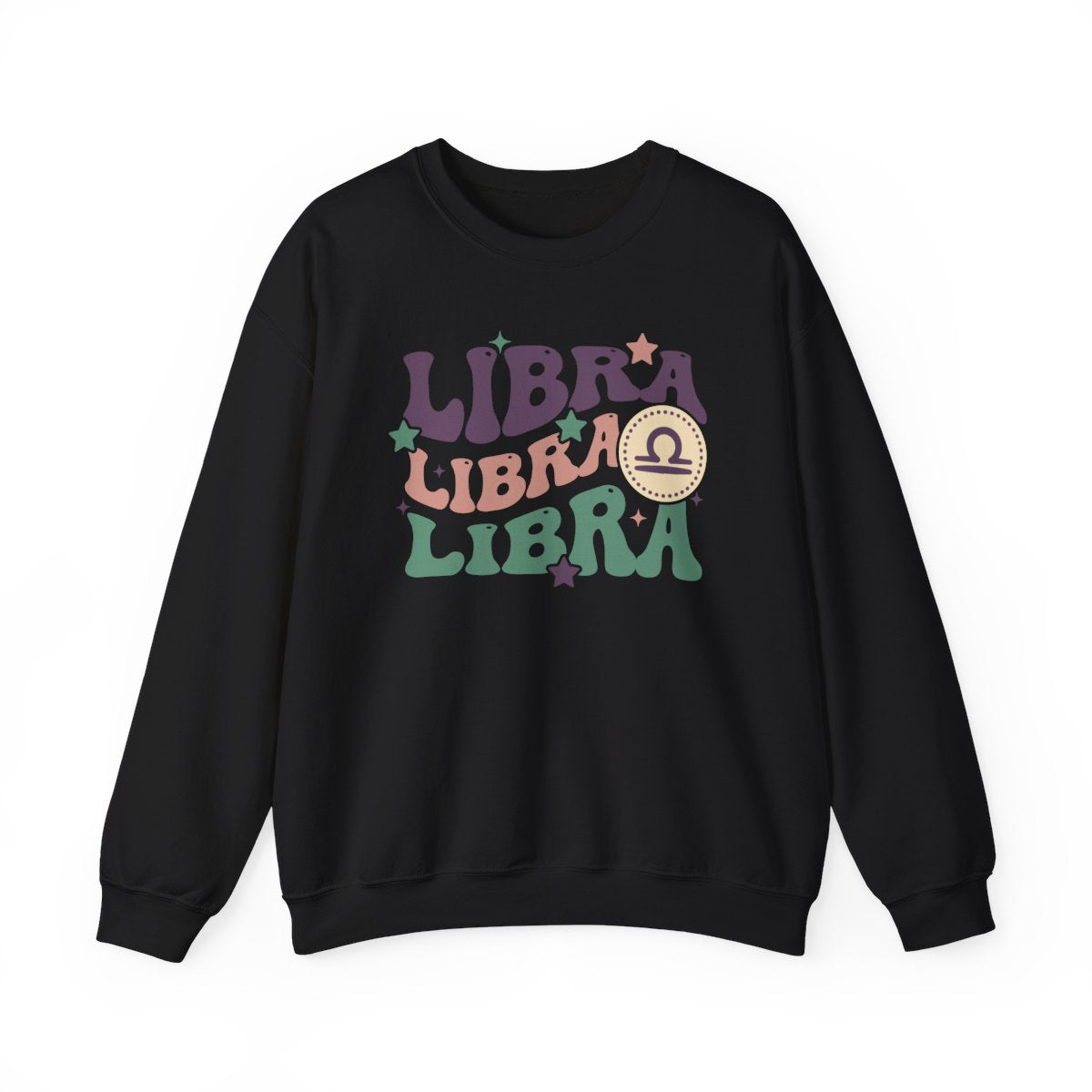 navy sweatshirt with groovy libra zodiac graphic and celestial accents