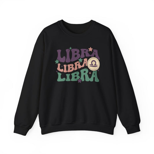 navy sweatshirt with groovy libra zodiac graphic and celestial accents