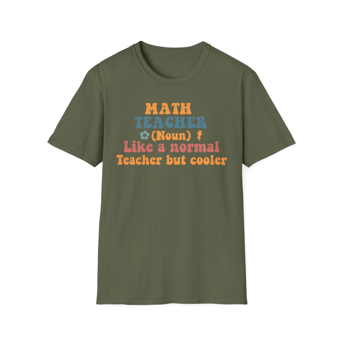 black t-shirt with colorful retro math teacher typography