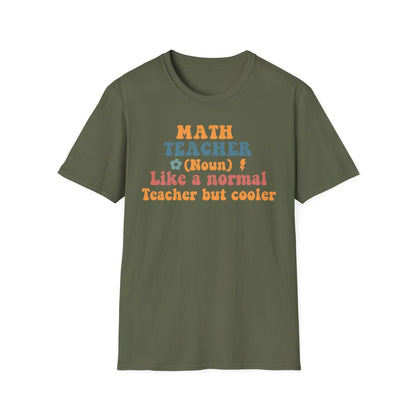 black t-shirt with colorful retro math teacher typography