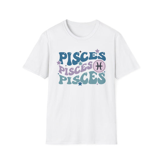 light blue t-shirt with retro Pisces zodiac graphic design