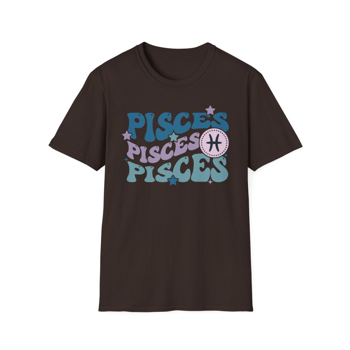 Retro Pisces graphic t-shirt worn, showing vintage zodiac design detail