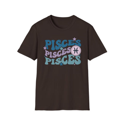 Retro Pisces graphic t-shirt worn, showing vintage zodiac design detail