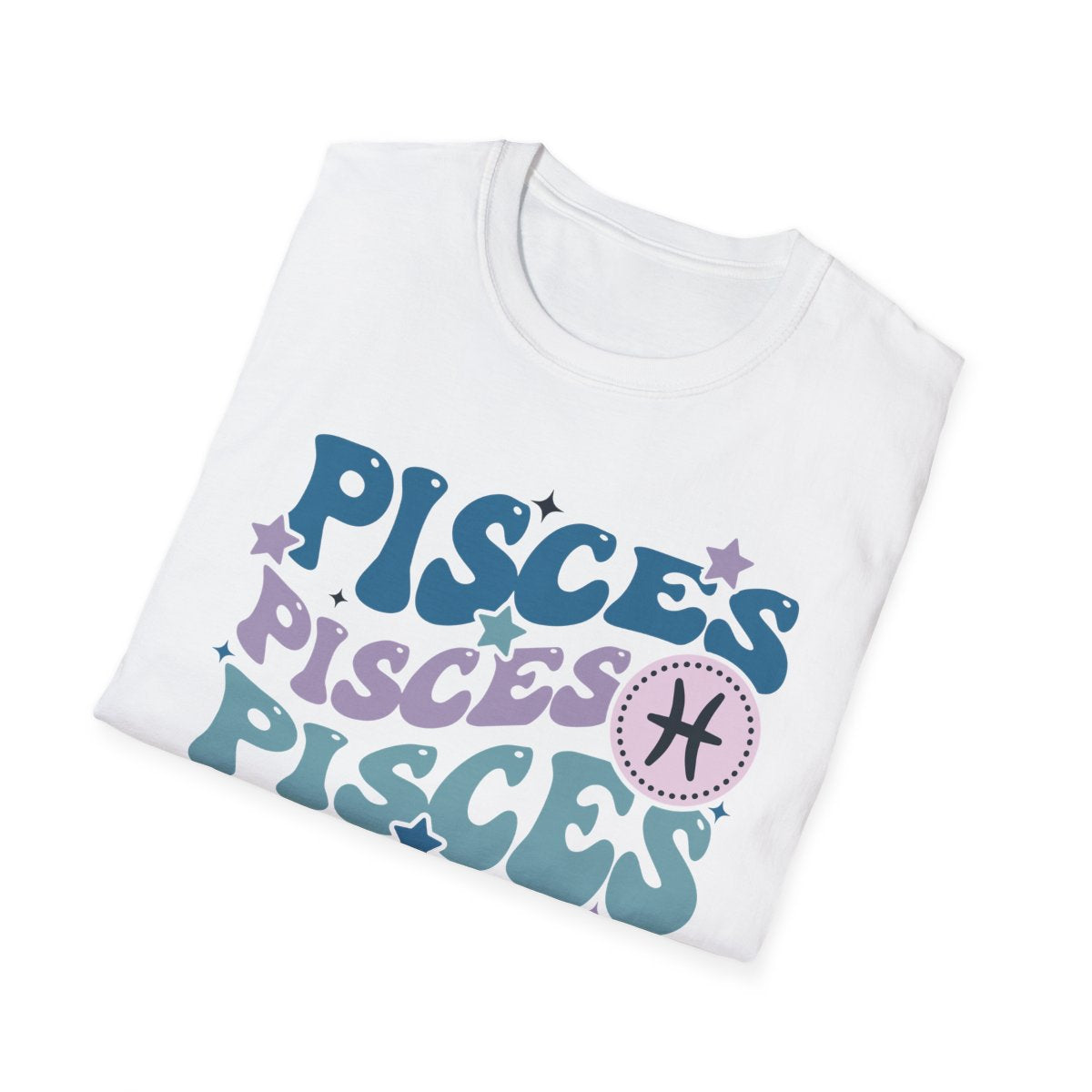 multiple colour options of Retro Pisces zodiac t-shirt displayed flat lay