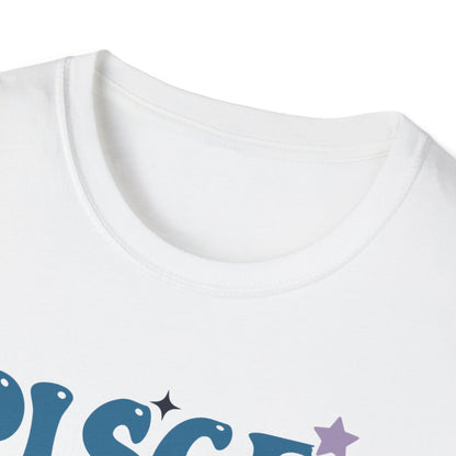 close-up of retro Pisces zodiac print quality on cotton t-shirt
