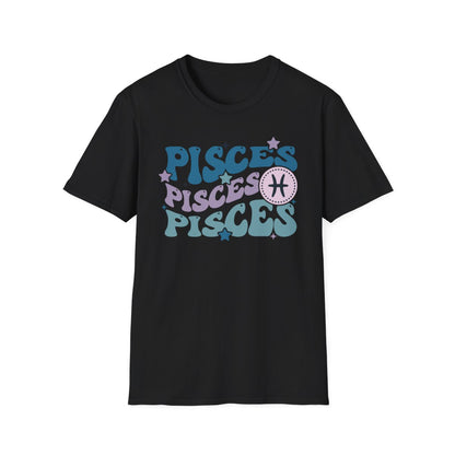 white t-shirt featuring retro Pisces zodiac constellation design