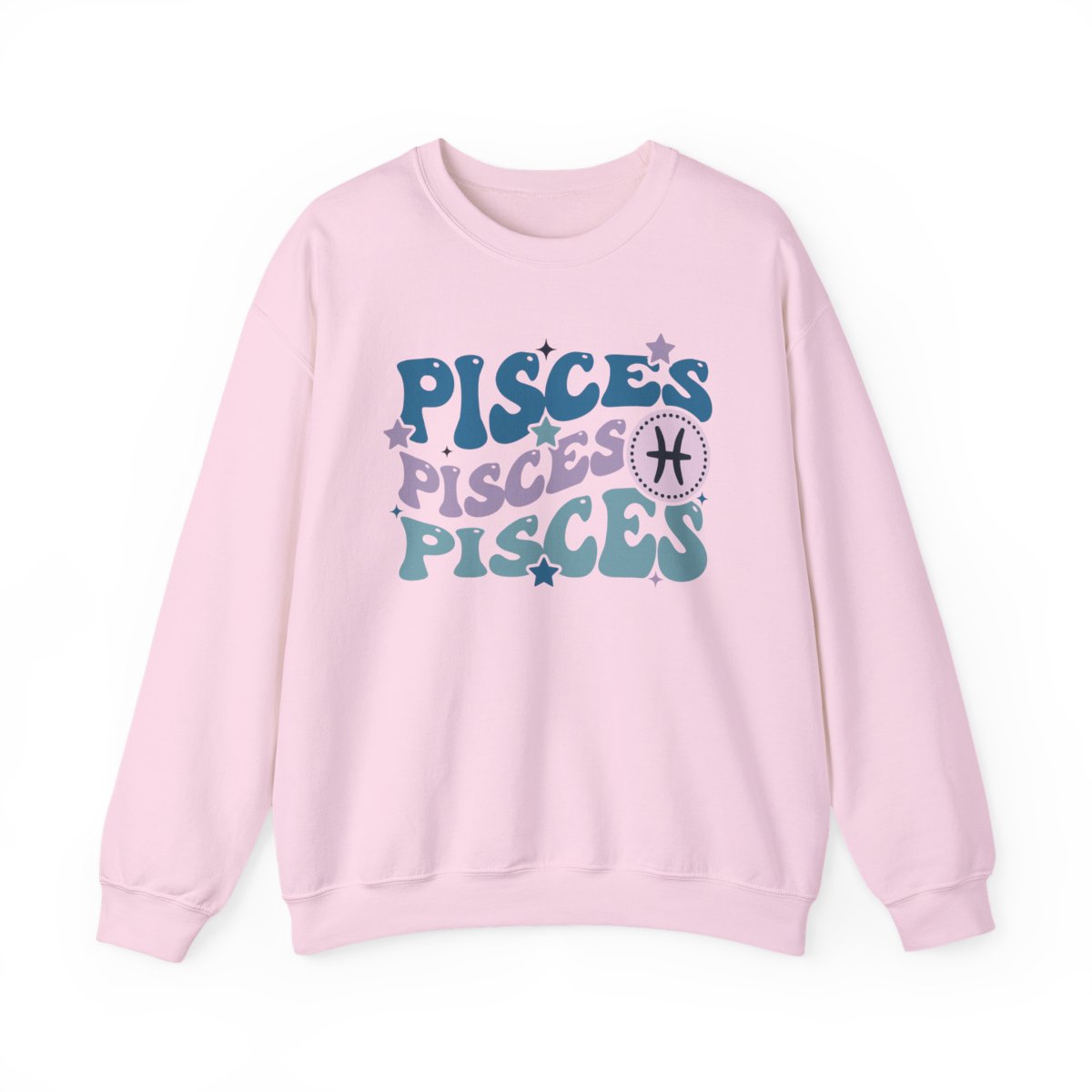 light pink sweatshirt with retro Pisces zodiac sign design and groovy vintage typography