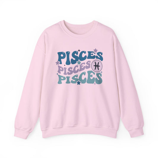 light pink sweatshirt with retro Pisces zodiac sign design and groovy vintage typography