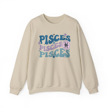 white sweatshirt with Pisces star sign illustration and vintage retro style design