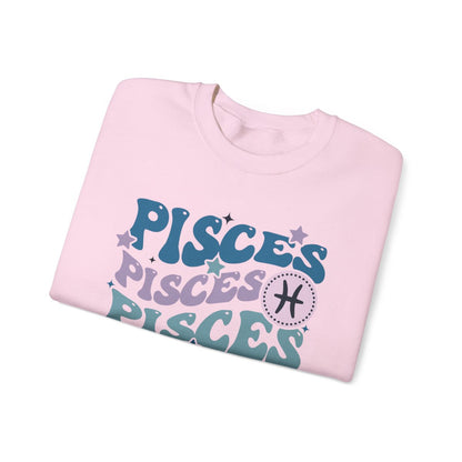 close-up of retro Pisces zodiac sweatshirt print showing groovy typography and celestial details