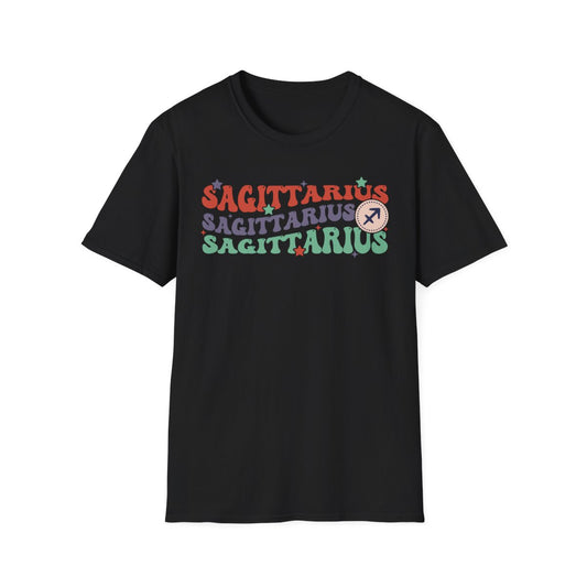light blue t-shirt with retro sagittarius zodiac graphic design