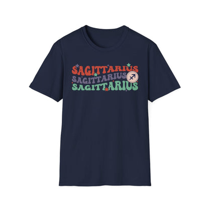 navy t-shirt featuring vintage-inspired sagittarius astrology print