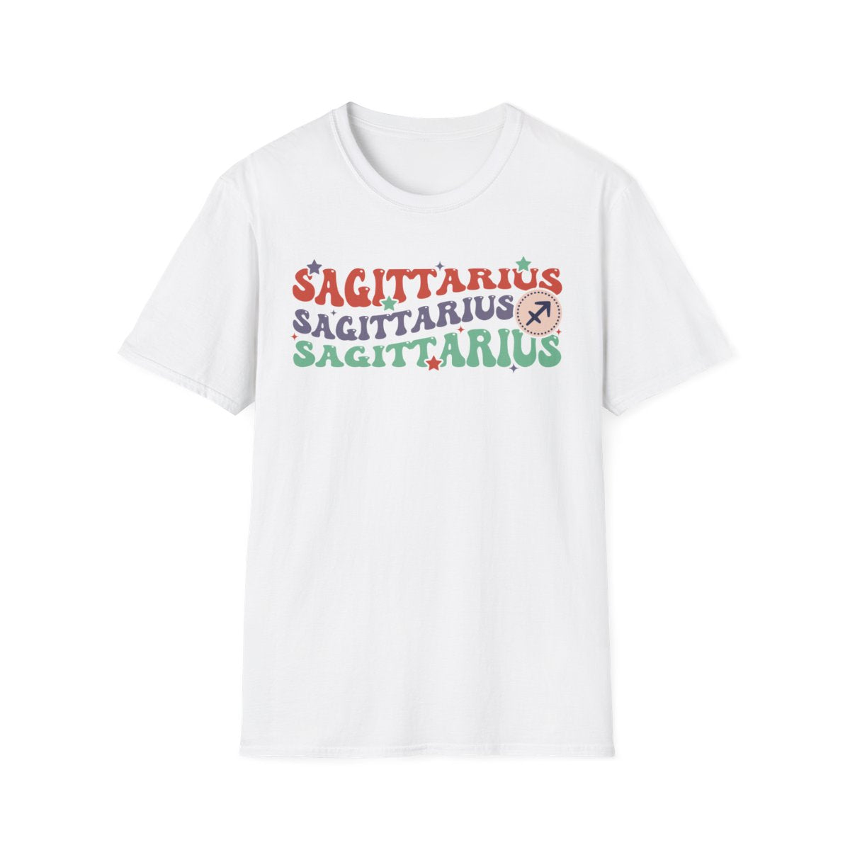 white t-shirt with bold retro zodiac sagittarius graphic