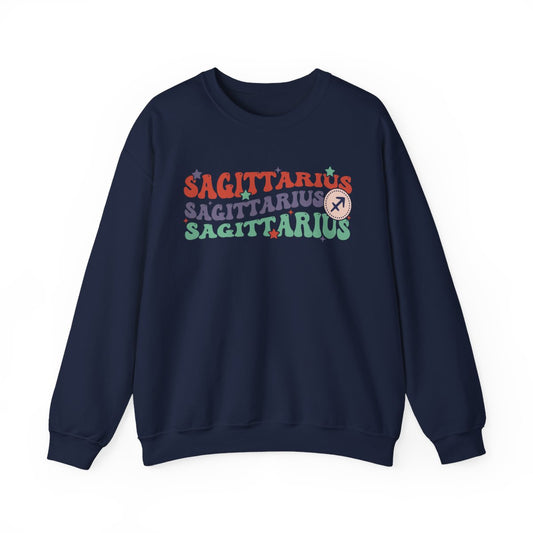 light pink sweatshirt with retro sagittarius zodiac sign design