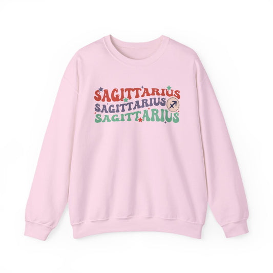 maroon sweatshirt featuring groovy vintage sagittarius astrology graphic