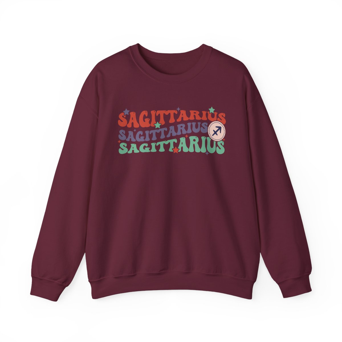 black sweatshirt with retro sagittarius zodiac graphic