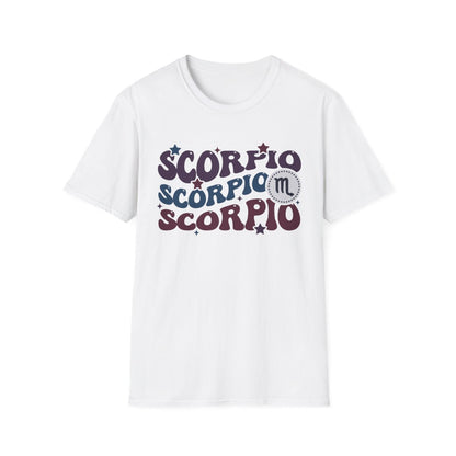 white t-shirt with retro scorpio zodiac graphic design