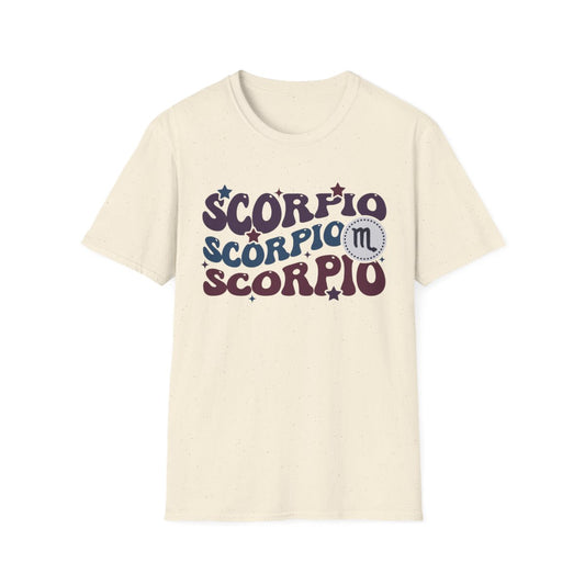 light blue t-shirt featuring bold vintage scorpio astrology print