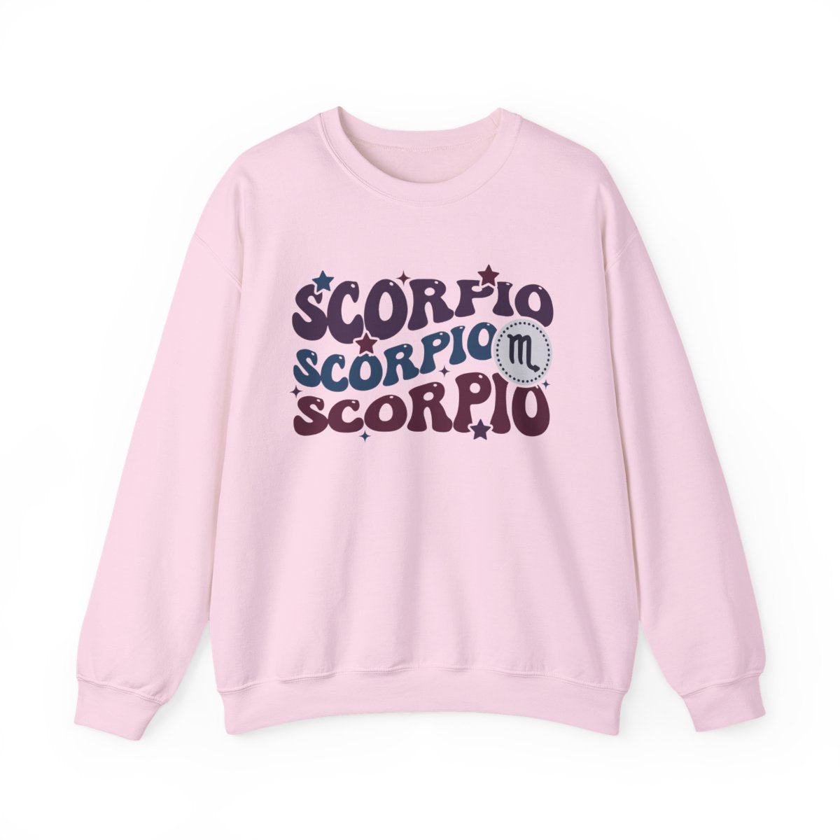 light pink sweatshirt with retro scorpio zodiac groovy typography and celestial stars design