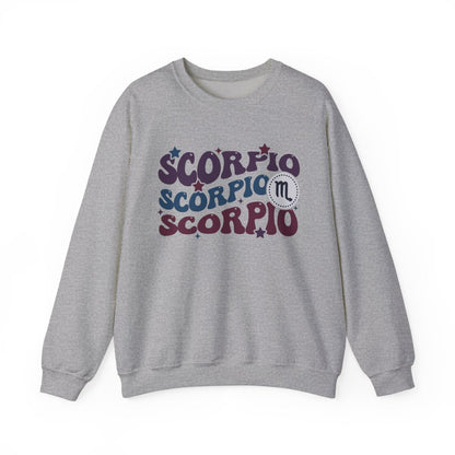 white sweatshirt with retro scorpio zodiac sign print and vintage-inspired colours