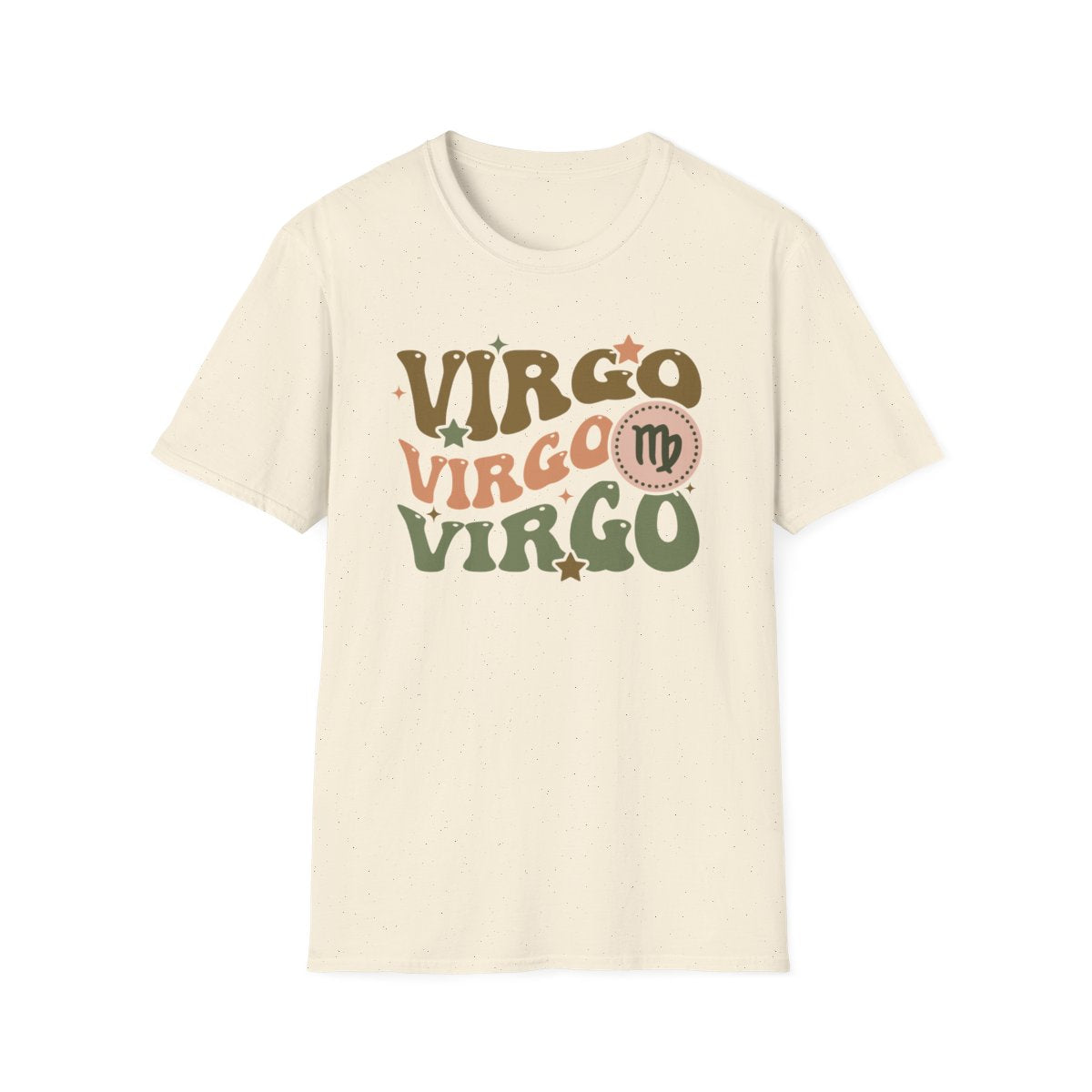 white t-shirt with retro zodiac virgo design flat lay