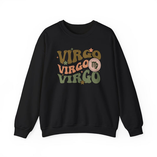 retro virgo zodiac sweatshirt with groovy vintage typography and celestial design