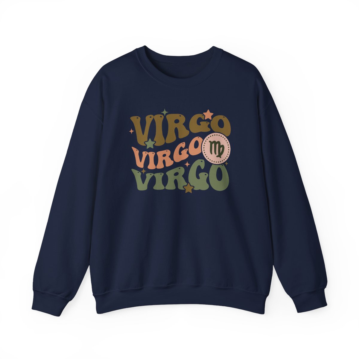 navy sweatshirt featuring retro virgo zodiac design with muted colours