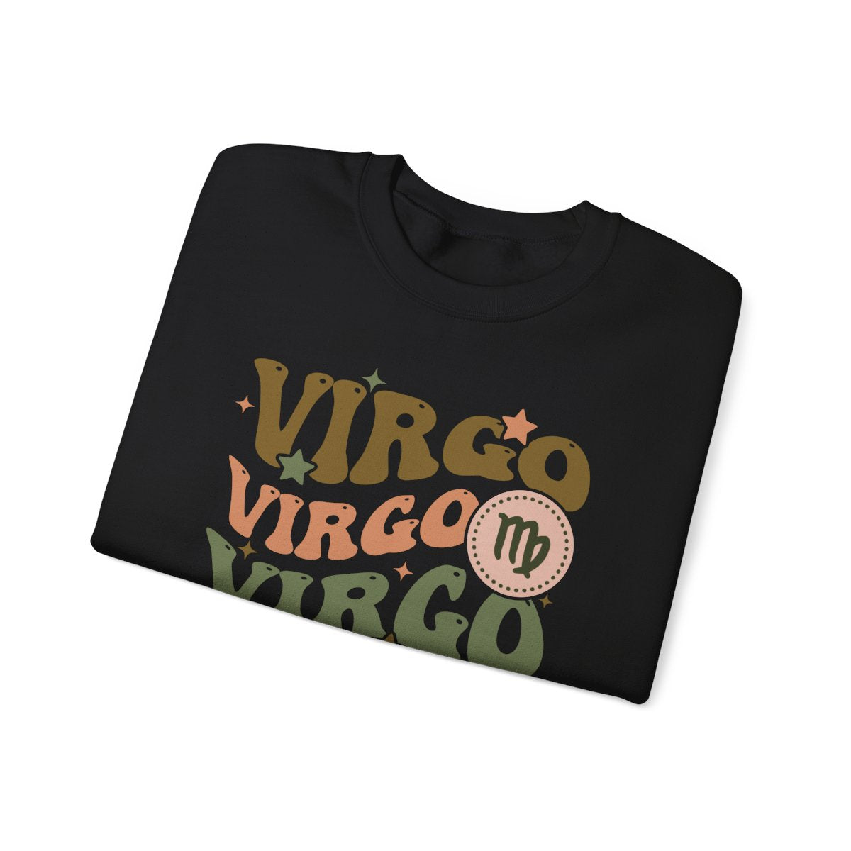 white sweatshirt displaying retro virgo zodiac sign with vintage typography