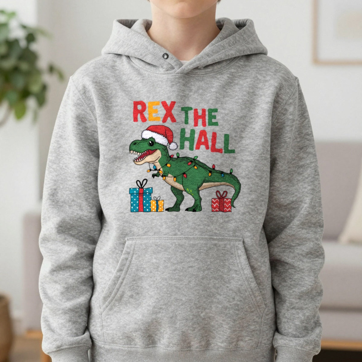 Rex the Hall Christmas Kids Hoodie in Sport Grey, worn, our photo