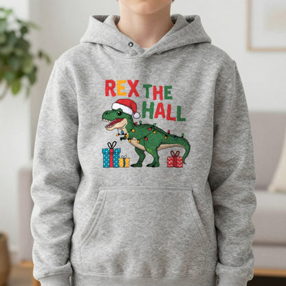 Rex the Hall Christmas Kids Hoodie in Sport Grey, worn, our photo