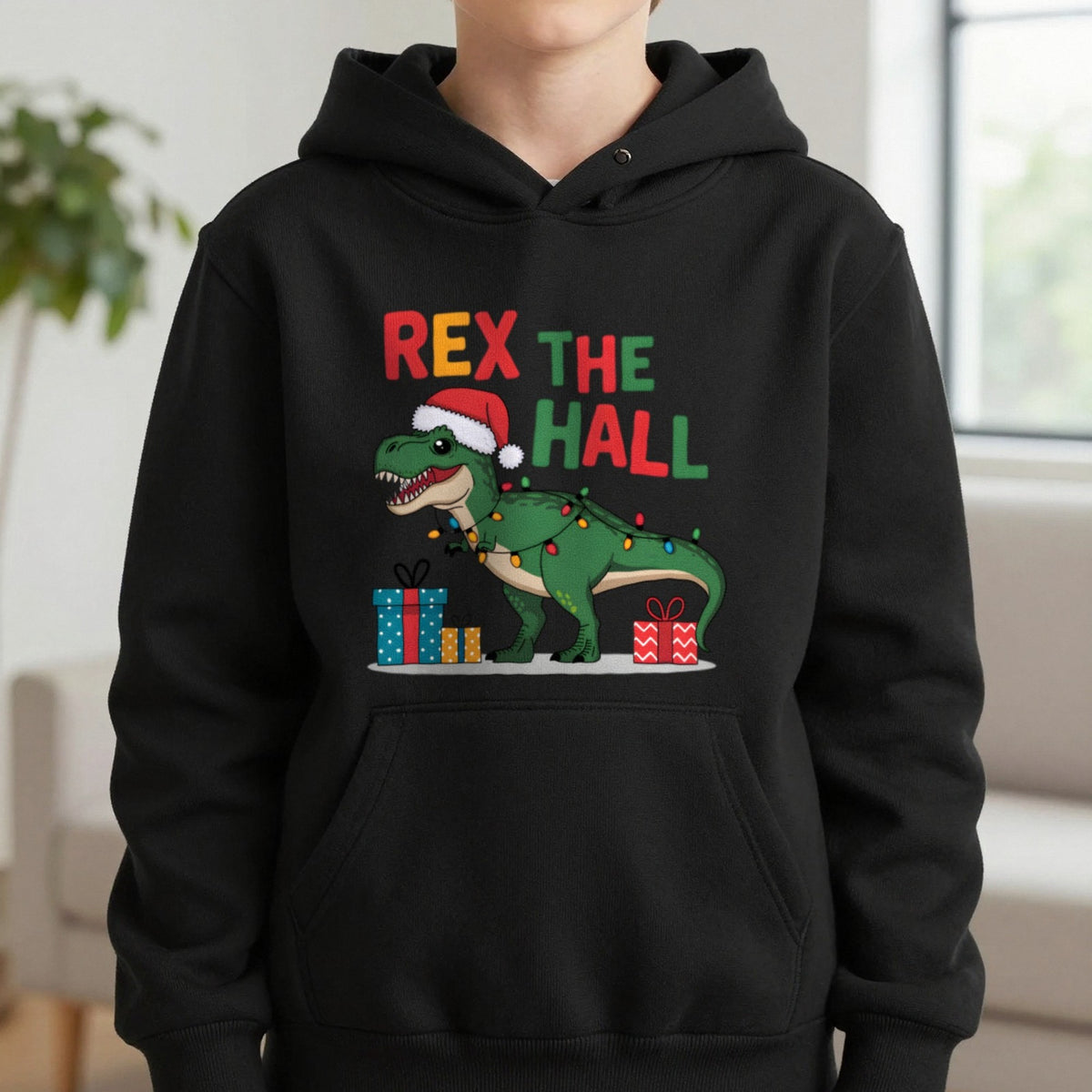 Rex the Hall Christmas Kids Hoodie in Black, worn, our photo