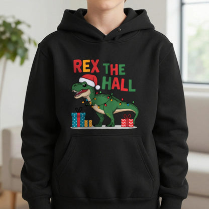 Rex the Hall Christmas Kids Hoodie in Black, worn, our photo