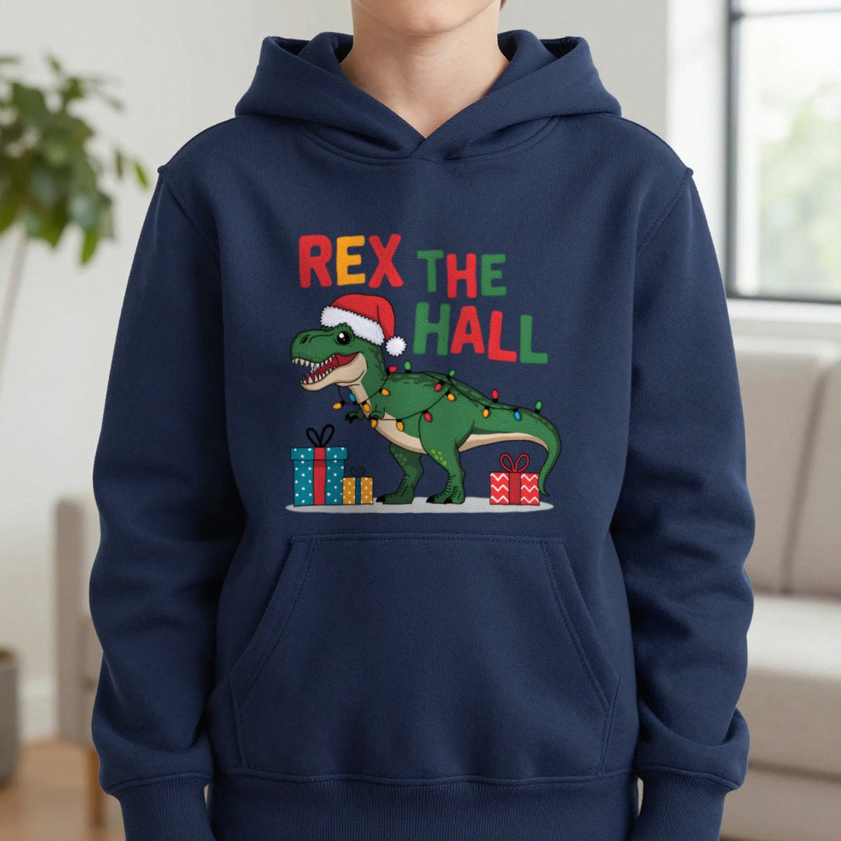 Rex the Hall Christmas Kids Hoodie in Navy, worn, our photo