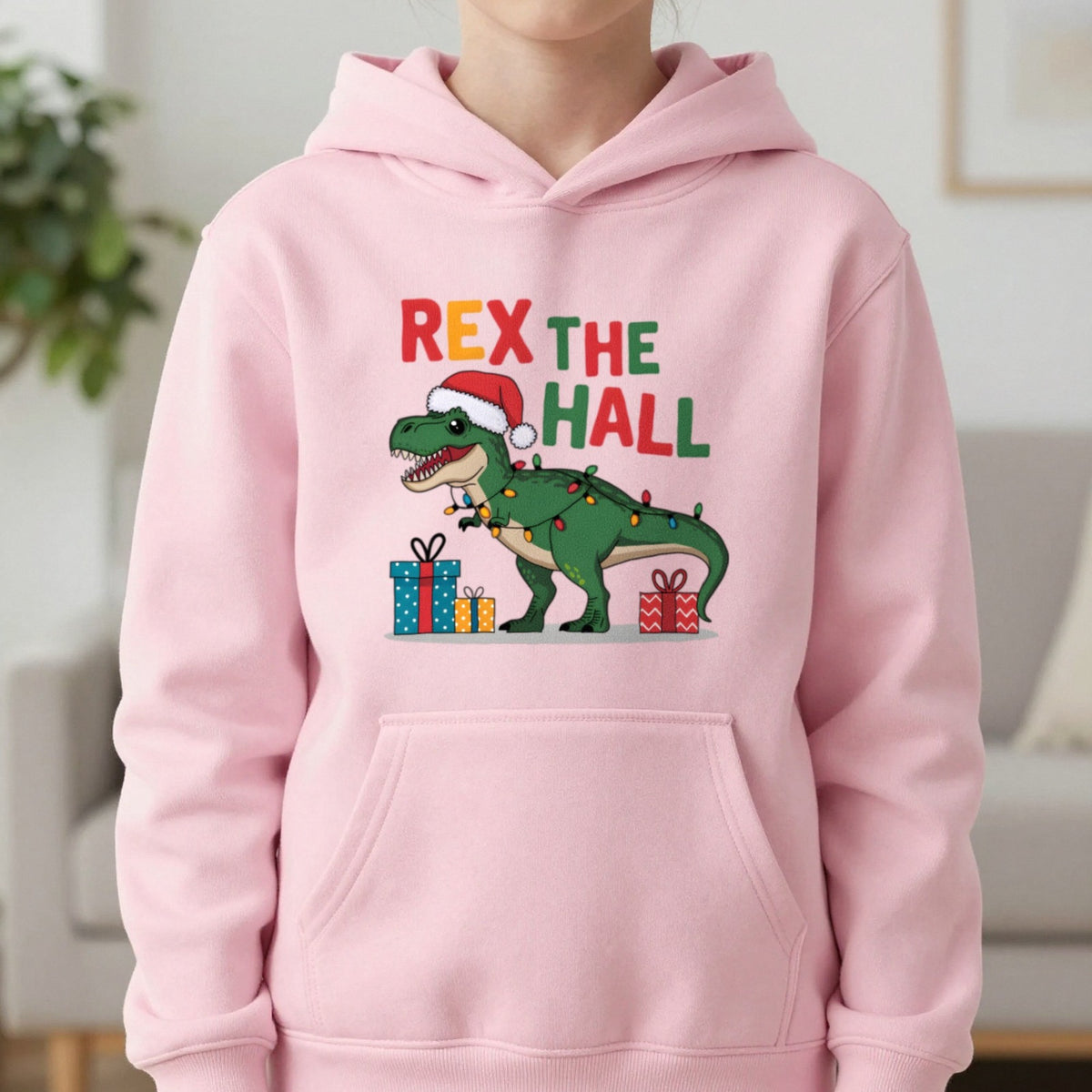 Rex the Hall Christmas Kids Hoodie in Light Pink, worn, our photo