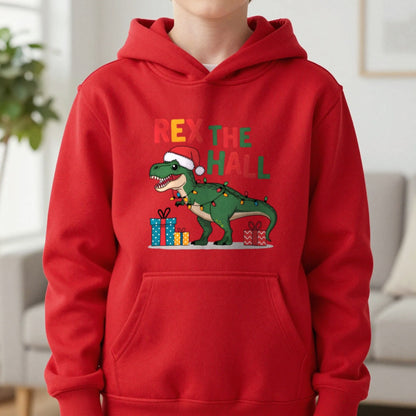 Rex the Hall Christmas Kids Hoodie in Red, worn, our photo