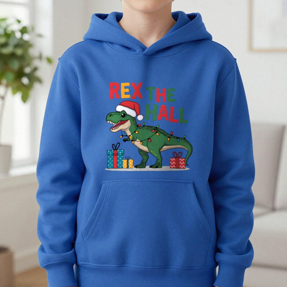Rex the Hall Christmas Kids Hoodie in Royal, worn, our photo