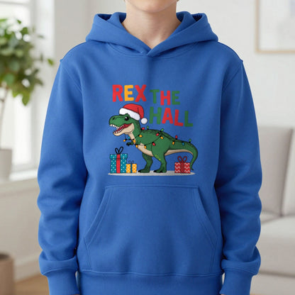 Rex the Hall Christmas Kids Hoodie in Royal, worn, our photo