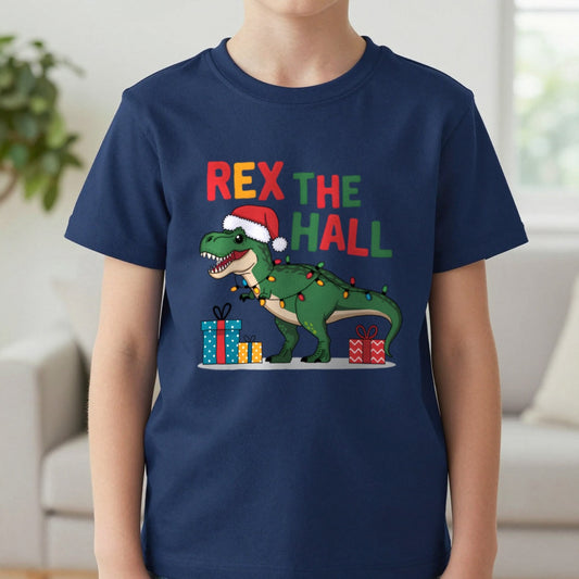 Rex The Hall Kids Christmas T-Shirt in Navy, worn, our photo