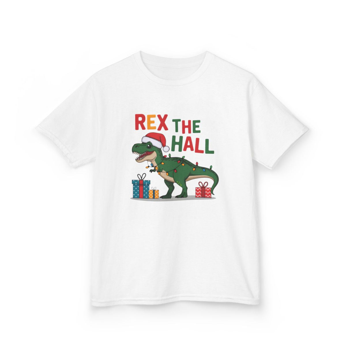 navy kids t-shirt with rex the hall funny dinosaur christmas design
