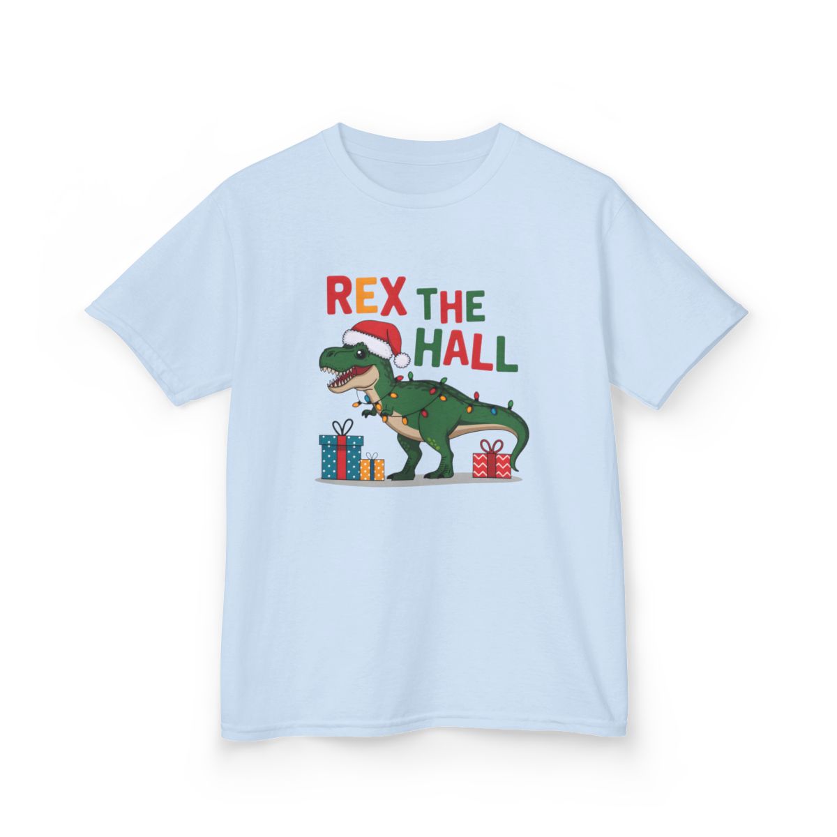 light blue kids t-shirt with funny christmas dino design