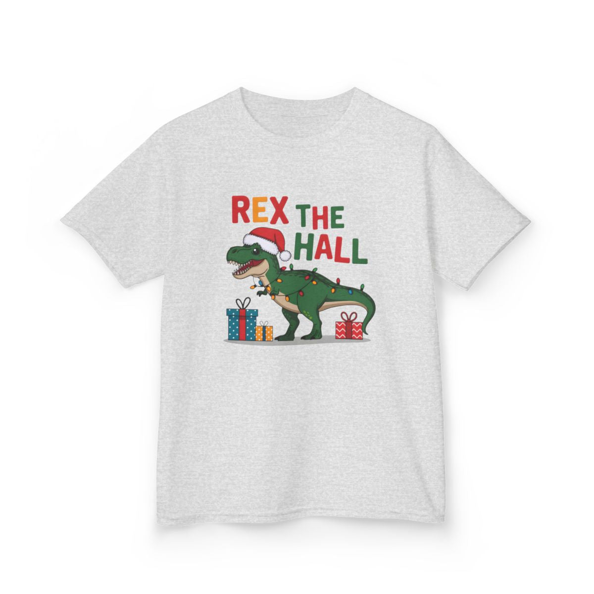 kids holiday t-shirt with festive printed dinosaur character