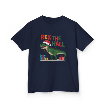 light pink kids christmas t-shirt with rex the hall dinosaur motif