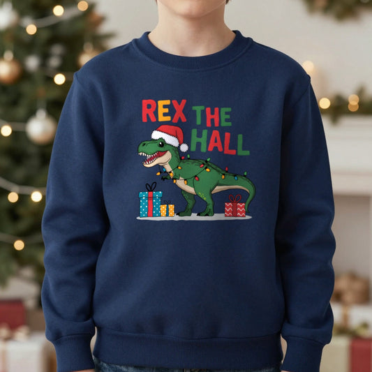 Rex the Hall Youth Christmas Sweatshirt in Navy, worn, our photo