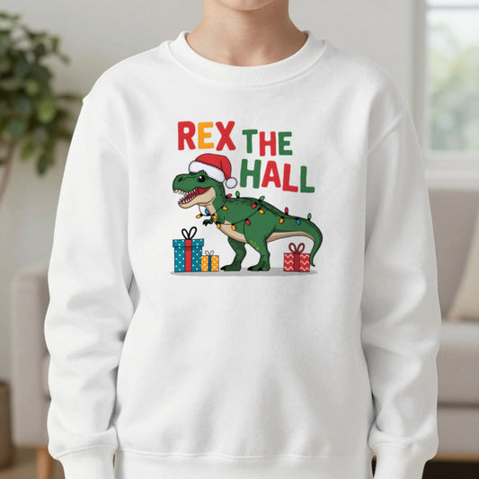 Rex the Hall Youth Christmas Sweatshirt in White, worn, our photo