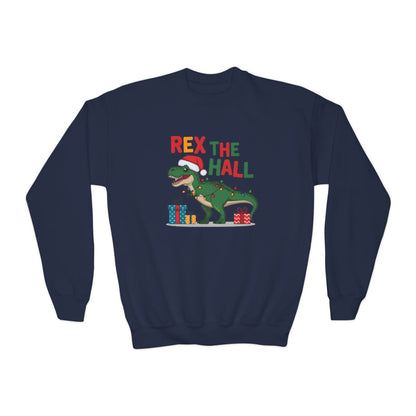 black kids sweatshirt with Rex the Hall holiday dinosaur graphic