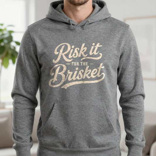 Risk It for the Brisket BBQ Hoodie in Dark Heather, worn, our photo