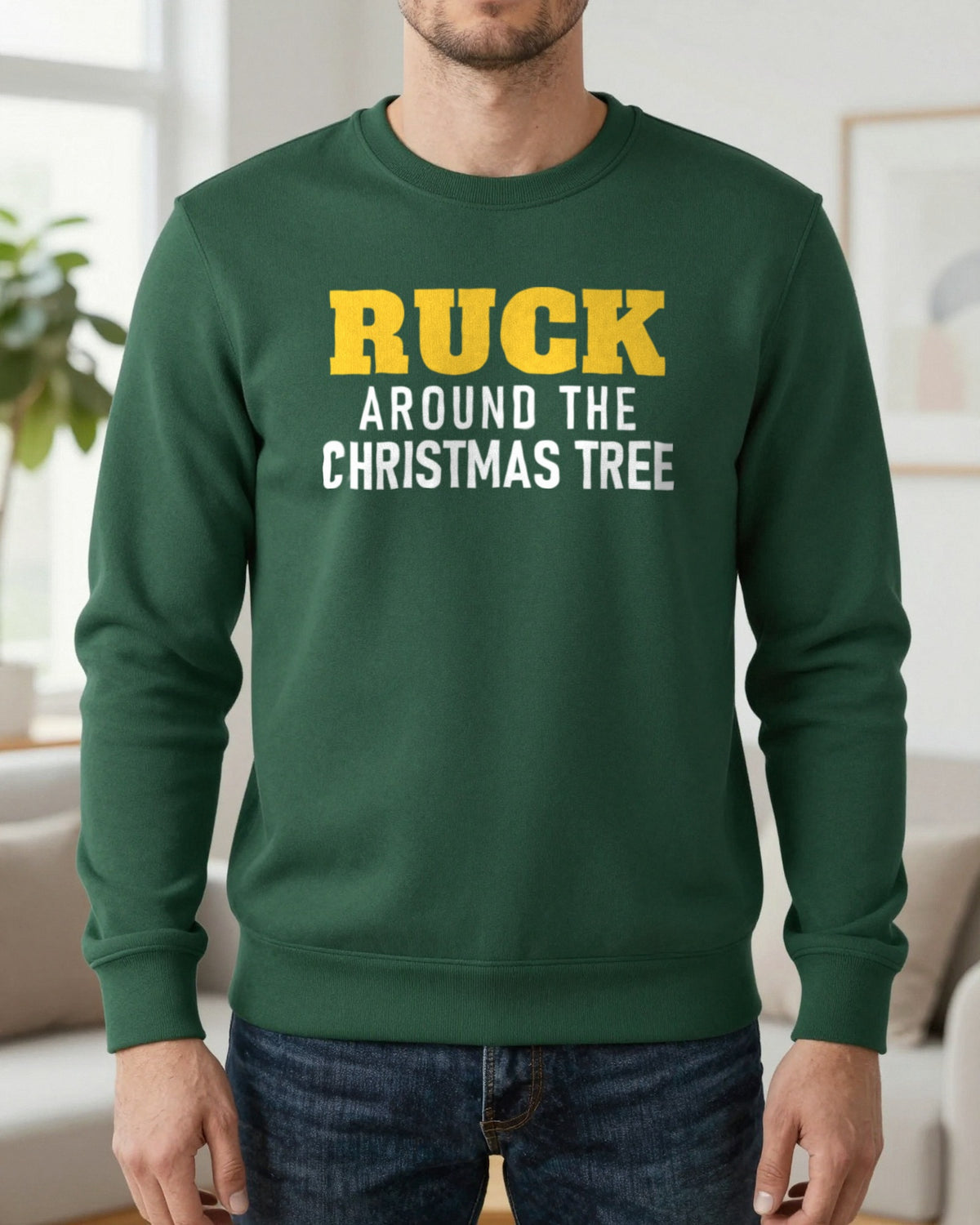 Ruck Around The Christmas Tree Funny Rugby Christmas Jumper & T-Shirt worn