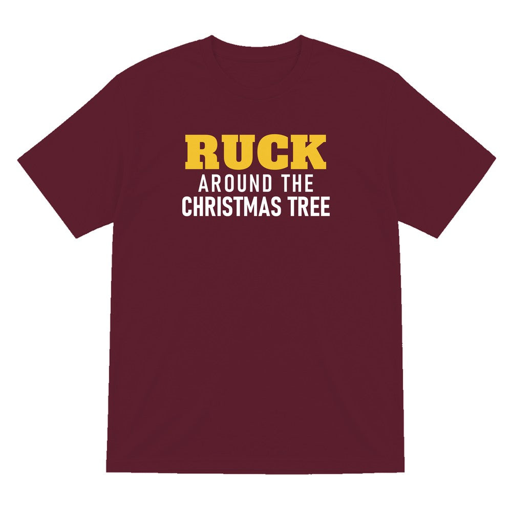Ruck Around The Christmas Tree Funny Rugby Christmas Jumper & T-Shirt T-Shirt in Maroon